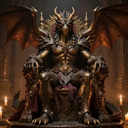 a humanoid dragon king sits on a throne by greg rutkowski, magic realism, hyper realistic, 2 0 0 mm lens, candlelight