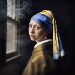 out of foucus, very blurry, very foggy, woman at the window by johannes vermeer and sarah moon, black smoke