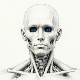 a portrait sketch of a biomechanical human, eyes replaced with an a array of sensors, muscle striation visible, background of ruined city at night in the rain, 8k, color airbrush, by Simon Bisley