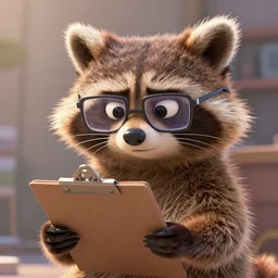 still from a pixar movie of an annoyed looking raccoon wearing glasses and holding a clip board, high quality 3d render, movie, pixar, renderman, 4k, artstation