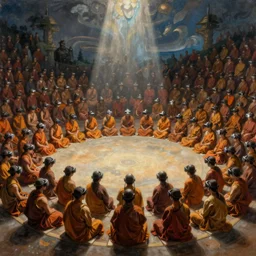 luis ricardo falero painting of large crowd of thousands of monks with vr headset sitting in circular formation