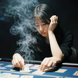photography portrait of depressed and sad woman playing money game at night in the style of daido moriyama, smoke, 8 0 mm lens, grainy wb image, close up view