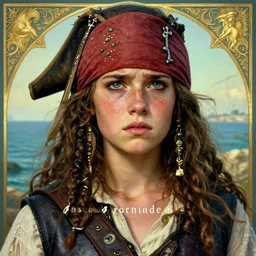 close - up of teenage mediterranean pirate girl freckles freckles face of anxiety and worry, linen clothes and leather armor, seaside backgroud, art for best - selling award - winning young adult fantasy novel, intricate, elegant, well composed, highly detailed, art by chengwei pan and viktoria gavrilenko and artgerm and greg rutkowski and alphonse mucha, trending on artstation