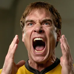 photograph of captain j. kirk from star trek screaming in terror. sharp photograph, sharp focus, highly detailed,, detailed face!!, ultra realism, dramatic lighting, zeiss lens, canon eos, detailed skin, dynamic pose, 8 k resolution, hyperrealism, portrait photography, art by artgerm and greg rutkowski and alphonse mucha