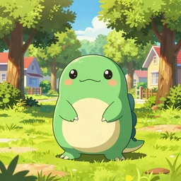 cute happy tardigrade!!!, cel - shading, 2 0 0 1 anime, flcl, jet set radio future, golden hour, neighborhood, trees, oak trees, suburban neighborhood, cel - shaded, strong shadows, vivid hues, y 2 k aesthetic, art by artgerm