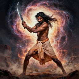 portrait of head and body, single bangla farmer fighting on hoseback, hand to hand combat with machete, wielding machete, wearing a long lungi, full body view, long flowing hair, fighting for his life, nebula aura surrounding subject, hellscape, nestor canavarro art style, hyperrealist art style, sharp outlines