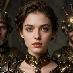 in the style of pedro campos, diego fazio, artgerm, beautiful taissa farmiga, steampunk, elegant pose, middle shot waist up, symmetrical face symmetrical eyes, cinematic lighting, detailed realistic eyes, short neck, insanely detailed and intricate elegant