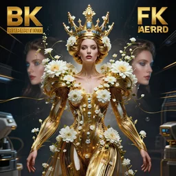 hyperrealist portrait of a symmetrical beautiful queen in the center of image 2 0 4 4 space sport engineer, her body is decorated with long gold wires and white flowers that fall like vines and wears a huge computer crown by roberto ferri, fantasy art, photo realistic, dynamic lighting, unreal engine rendered, artstation, poster, dramatic light, very detailed symmetrical faces, - 8 k, award winning