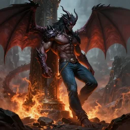 god of darkness musclebound shadow darkness demi - dragon god wearing jeans leans against a pillar of fire on a mountain romance novel fantasy artwork epic detailed and intricate digital painting trending on artstation by wlop octane render
