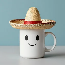 anthropomorphic coffee mug wearing a [ [ sombrero ] ], photograph,