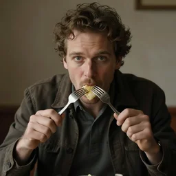 the man eating a leqther boot with fork and knife
