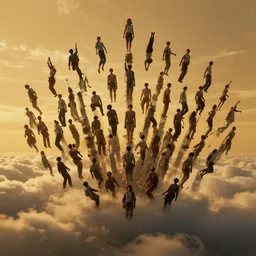 one hundred bodies falling from the clouds, dramatic positions, dramatic lighting, golden background, harmonic color palette