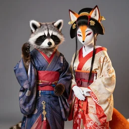 anthropomorphic edo period japanese raccoon geisha and an anthropomorphic edo period japanese fox geisha, fursuit, cosplay, trending on instagram, photography, sigma 8 5 mm f / 1. 4, studio lighting