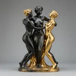 black pearl and gold sculpture of three beautiful sensual black figures embracing each other in ecstasy and climax,