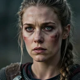 photorealistic  photograph of beautiful female viking warrior with large sad gray eyes, beat up, inspired by David LaChepell, cinematic, 200mm