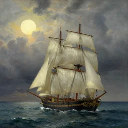 splendid sailing boat on the vast ocean, sun, ominous sky, fitz henry lane, matte painting, artstation