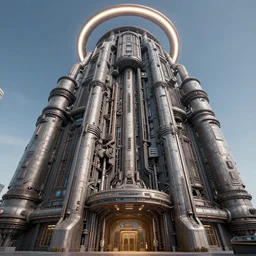 low angle 3 d sculpt of bulbous massive town hall beveled architecture, massive pipeline with layered complex cyberpunk'scifi digital movie camera'' power station'complex industrial military building facade, halo, star wars, ilm, star citizen halo, mass effect, high tech industrial, artstation unreal