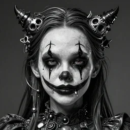 portrait of a creepy girl clown skull. intricate abstract. intricate artwork. nightmare fuel. terrifying. by Tooth Wu, wlop, beeple, dan mumford. octane render, trending on artstation, greg rutkowski very coherent symmetrical artwork. cinematic, hyper realism, high detail, octane render, 8k, iridescent accents, black and white