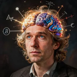 portrait of a crazy mathematician trying to understand how the human brain works and mathematical functions