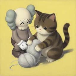 isometric of a cat playing with wool by shusei nagaoka kaws, david rudnick, airbrush on canvas, pastell colors, cell shaded