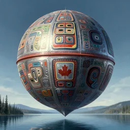 a giant ((((metallic)))) floating sphere covered in canadian colorful aboriginal patterns!! hovering above a Yukon lake, (painted by Ralph McQuarrie), matte painting, very detailed, cold colors, concept art