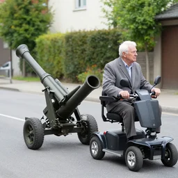 photograph of an eldery gentleman towing a howitzer! artillery! with a mobility scooter on a street