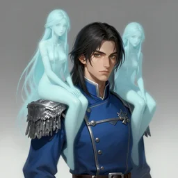kaladin stormblessed. young men with shoulder length hair. blue uniform. portrait. ghostly fairy women sitting on his shoulder. highly detailed, sharp focus, illustration, concept art, artgerm style, character design