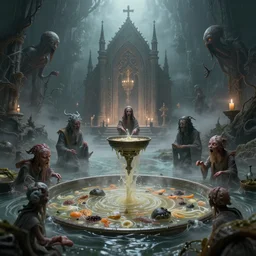 eldritch church of soups soup ceremony in the river of soup performed by soup aberrations, beksinski style, 8 k, hyper detail, octane render, artstation trending, soft light, fog