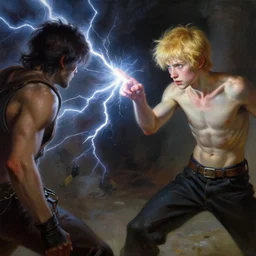 a young slender man with short blonde hair blasting lightning bolts from his fingertips at his enemy in battle. detailed matte painting. masterpiece. 4 k. fantasy art. by craig mullins. franzetta. repin