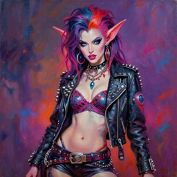 portrait of an apocalyptic demonic goblin witch biker babe character, hot girl, curvy body, cool pose, psychedelic vibrant colors, futuristic punk rock fashion, oil painting by michael whelan art, sharp focus, realistic, detailed eyes, 8 0 s hairstyle, studded leather jacket, 8 k