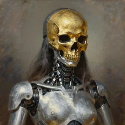 beautiful expressive oil painting portrait of ancient robot god queen, silver exoskeleton, with a scratched gold skull mask, japan iconography, art by anders zorn, wonderful masterpiece by greg rutkowski, beautiful cinematic light, american romanticism by greg manchess, jessica rossier