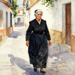abstract watercolor painting of a spanish old lady, black traditional dress, summer, magical and traditional, cinematic light, andalusian street, sharp shadows, daylight, national romanticism by anders zorn, by greg rutkowski, by greg manchess