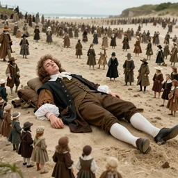 the body of gulliver, a young man from the early 1 7 th century, lies unconscious on a lilliputian beach, surrounded by thousands of tiny lilliputians wearing strange clothes. gulliver is dressed in early 1 7 th century male clothing designed in the style of sandy powell. hyperreal and cinematic, trending on artstation, gulliver ’ s travels
