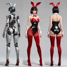 girl wearing robotic suit, high detail, model development on each side, back view, bunny suit playboy, tight suit, nurse's leather suit, in red velvet stockings, red bra, high shoes, full length, very anime, fine - face, audrey plaza, realistic shaded perfect face, fine details. anime. realistic shaded lighting poster by ilya kuvshinov katsuhiro otomo ghost