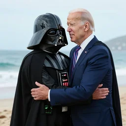 a photo of joe biden hugging darth vader at the beach