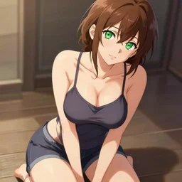 hot girl with green eyes and brown hair, wearing a camisole and shorts, posing sexily, in the style of ilya kuvshinov, anime artstyle, seductive, lewd