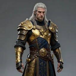geralt, but from syria new costume concept design with metal sholders and ornaments on the armor, witcher, oriental armor, fashion, colors with gold and dark blue, concept art, by artgerm, greg rutkowski, cinematic light, featured on artstation, octane render, sharp focus, ray tracing, artstationhq, cgsociety, 8 k.