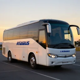 coach bus with logo atlasbus, sunset, 30mm lens