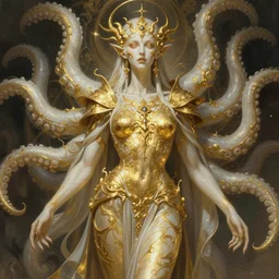 portrait of a corrupted lovecraftian golden humanoid queen in the style of god of war, 8 intricate white and gold tentacles, intricate, elegant, highly detailed, digital painting, artstation, concept art, smooth, sharp focus, illustration, art by artgerm and greg rutkowski and alphonse mucha, 8 k