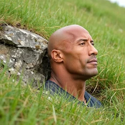 dwayne the rock johnson's head, his body is a rock on a hill side, short grass
