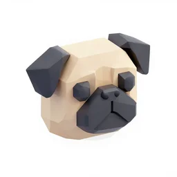 Matte 3d low poly icon of a pug head, isometric perspective on pure white background, 3D render, lat lighting