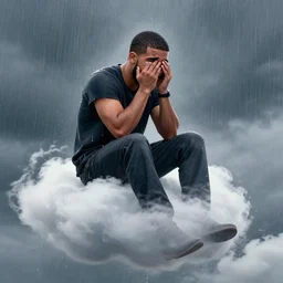 Pixiv Digital art Full Body Extreme Detailed Full and Isolated and singular portrait of Drake crying tears sitting on a Cloud in the sky. His tears pour down like rain in the scene is full of clouds and raining by Ilya Kuvshinov and Greg Rutkowski