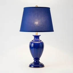 sapphire blue table lamp, stylized 3d render, isolated on a pure white background, centered, entire object in frame, sharp focus, soft studio lighting