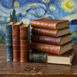still life, leather bound books piled on a table, by van gogh,