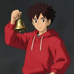 portrait of a young wizard, wearing a red hoodie, holding a bell, artstation, cartoon, elegant, highly detailed, digital painting, concept art, smooth, sharp focus, illustration, art by studio ghibli, makoto shinkai, don bluth, fujita goro, jean giraud, atey ghailan, akihiko yoshida, tom whalen, anton fadeev 8 k