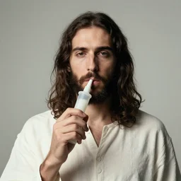 studio photo of jesus using a medical bong, studio portrait