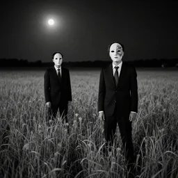 black and white fuzzy liminal photograph of a field, on the field there is two men in suits and moon masks, dark, night, moonlight, natural light.