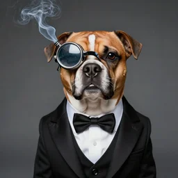 real cool photo of dog as a mafia boss, dressed in smoking, wearing a monocle