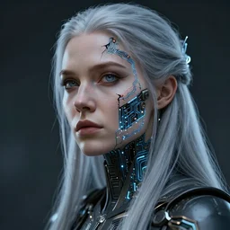 a beautiful nordic woman with cracks on his face you can see the circuits, style artstation, style greg rutkowsk, octane render, unreal engine 6, epic game graphics, fantasy, ciberpunk, conceptual art, ray tracing