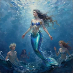 mystical mermaid goddess of the sea rising up from the deep blue waves, oil painting by Greg Rutkowski and Charlie Bowater and Artgerm, unreal 5, DAZ, trending on artstation, dynamic lighting, misty, ocean, blue theme